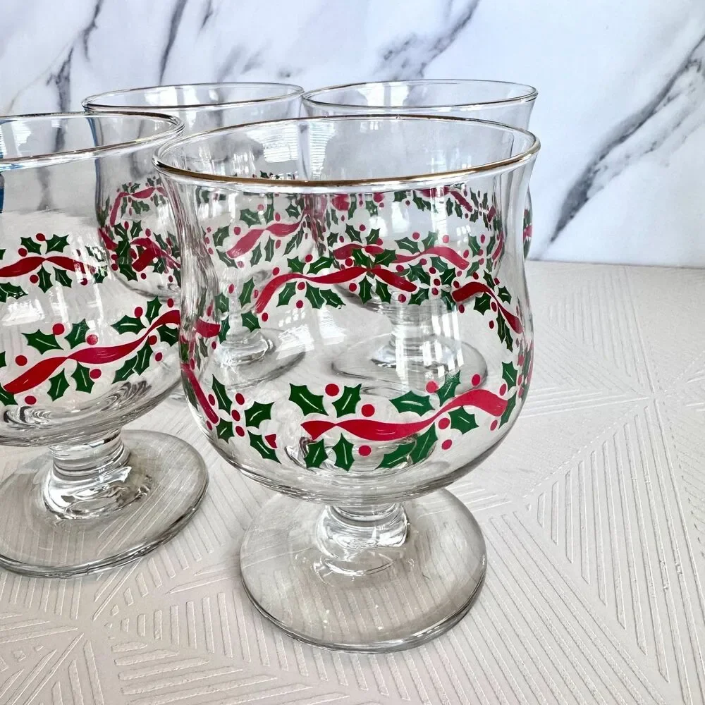 Vintage Libbey Holly Berry Red Ribbon Christmas Dessert Glass Goblet Set of 4